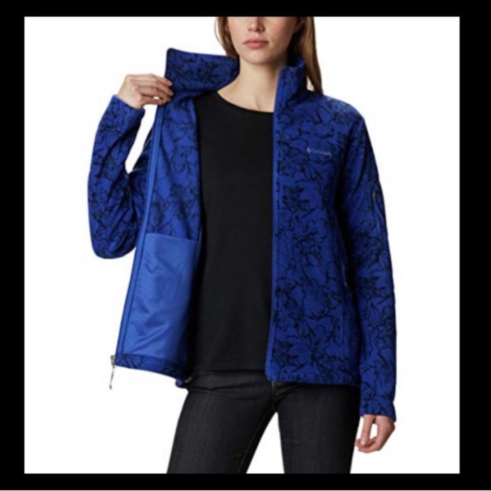 $70 Womens COLUMBIA Fast Trek Blue Black Floral Print Fleece Zip Up Jacket Sz M - Picture 3 of 16
